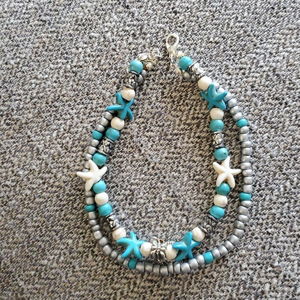 Anklet starfish turtle beaded adjustable 9" to 11". New. Blue silver ocean beach